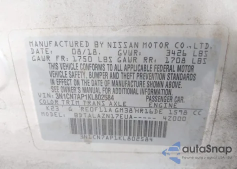 2019 Nissan Versa 1.6 S+ z USA, uszkodzony, nr VIN 3N1CN7AP1KL802584